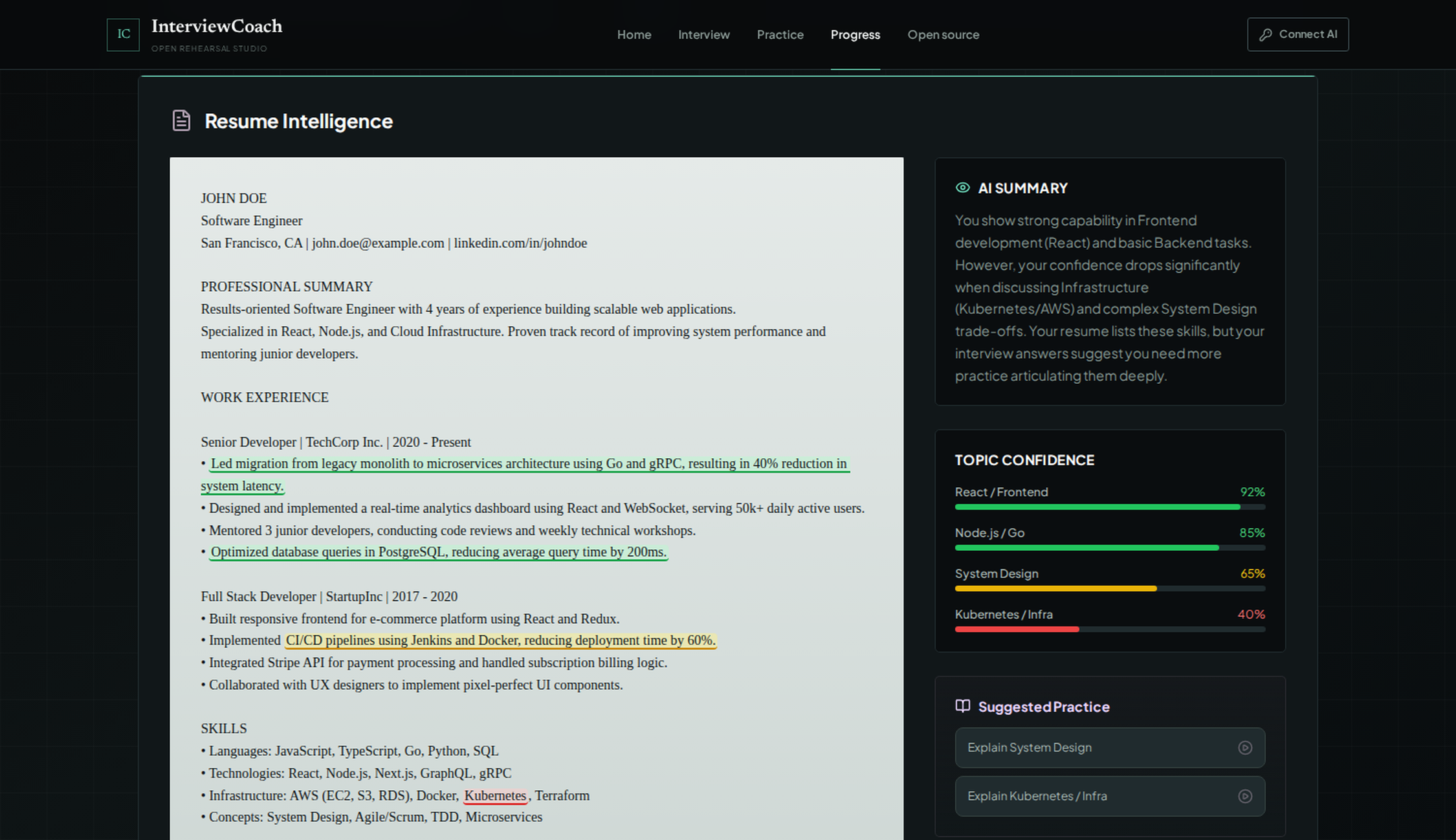 Resume Intelligence view with AI summary and topic confidence